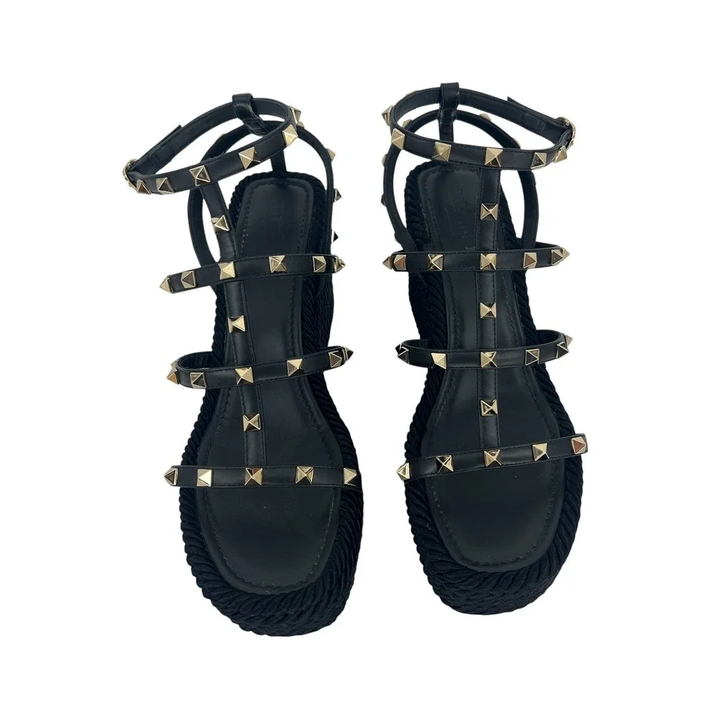 Valentino Garavani Rockstud Calfskin Wedge Sandals Black Size 41